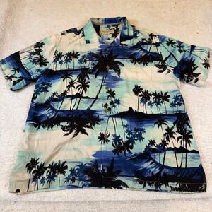 Tommy Bahama Mens XL 100% Silk Tropical Palm Tree Camp‎ Shirt Blue Original Fit